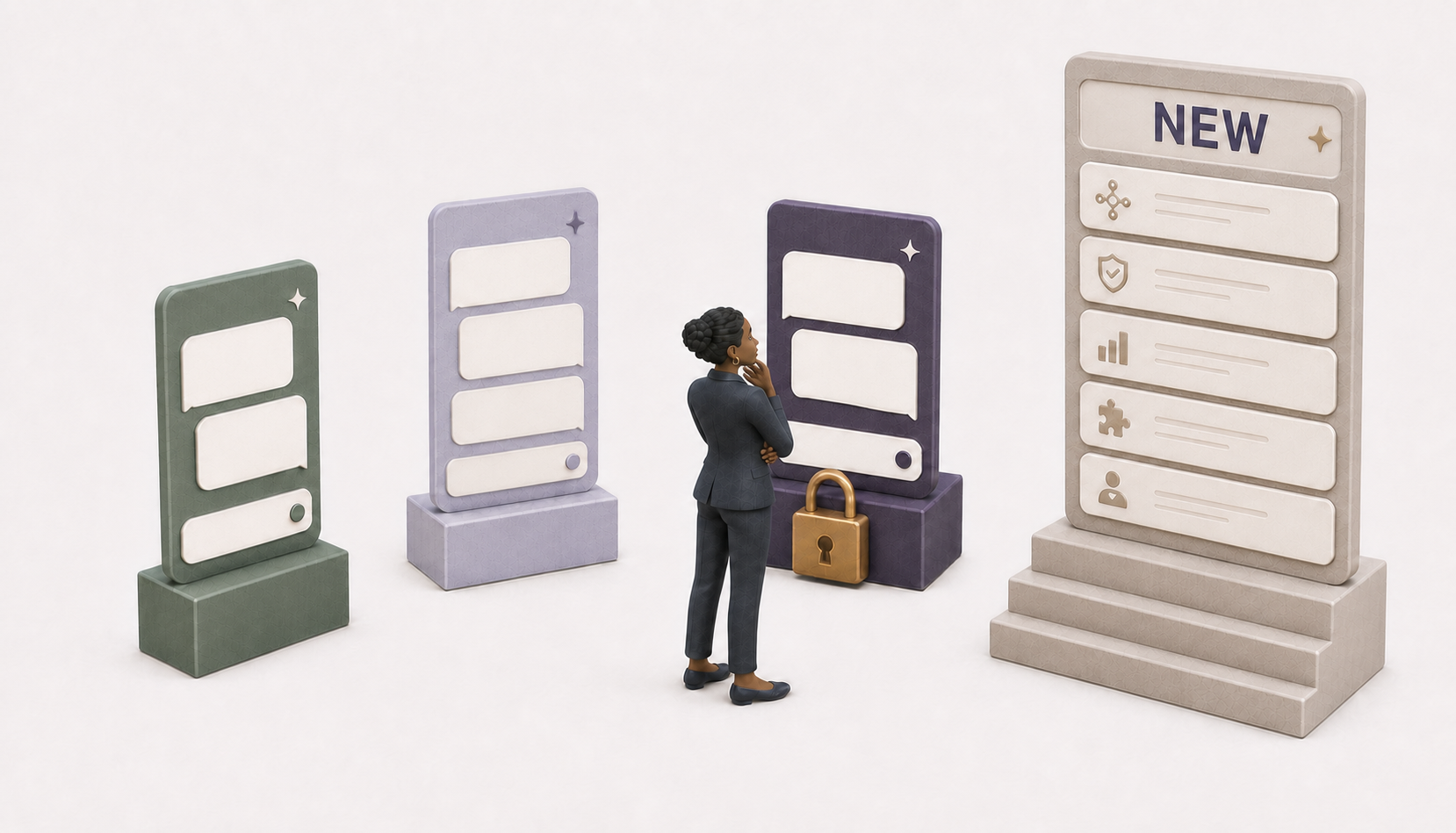 A business leader remains beside a locked AI model while newer, more capable alternatives advance around it.