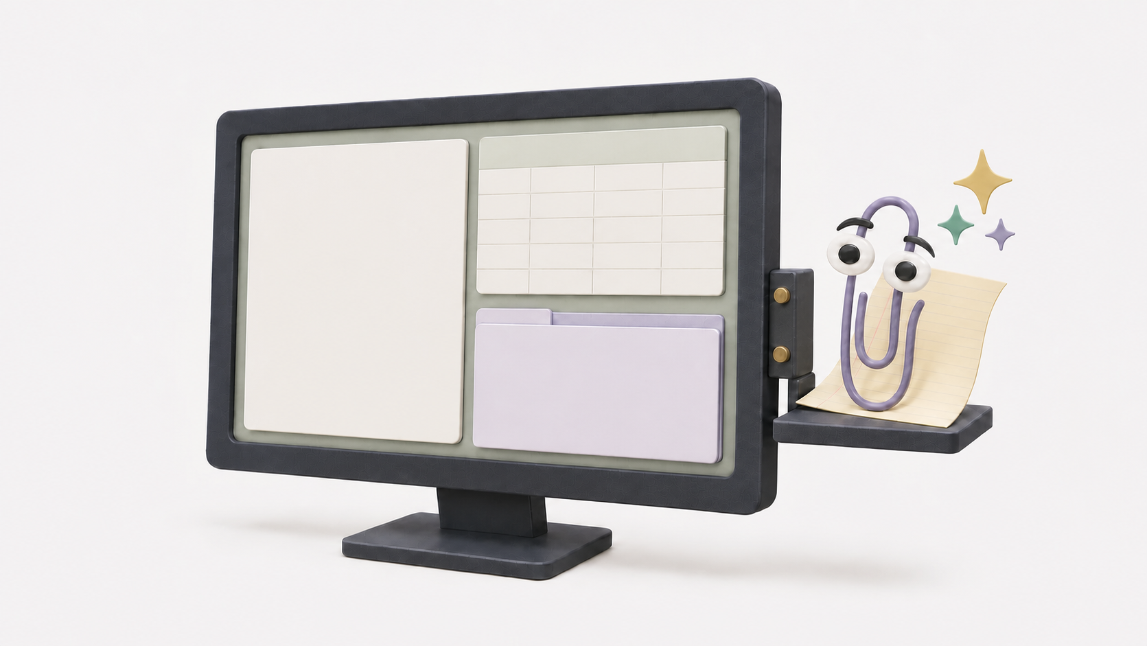 An AI-powered paperclip assistant sits on a bolted side shelf outside an existing business application.