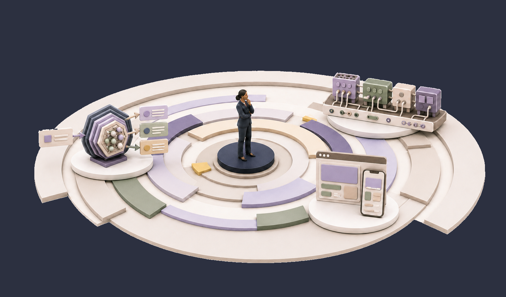 A handcrafted Black businesswoman considers changing AI models, platforms, and products in a circular decision landscape.