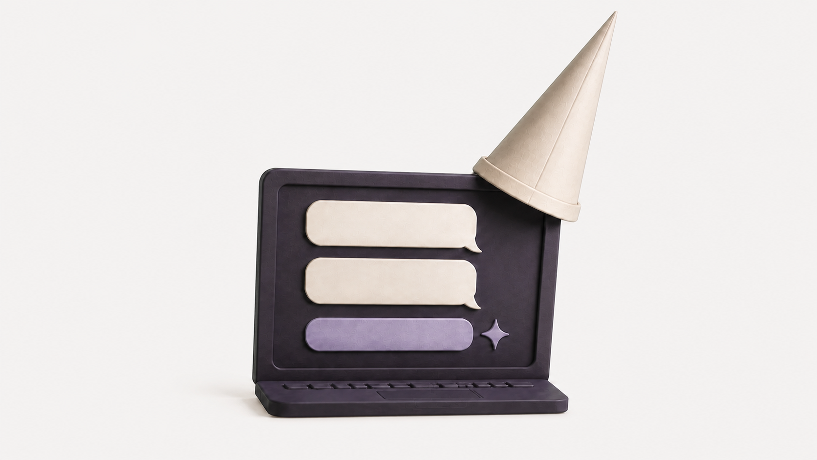 A generic chatbot displayed on a laptop wears a traditional paper dunce cap.