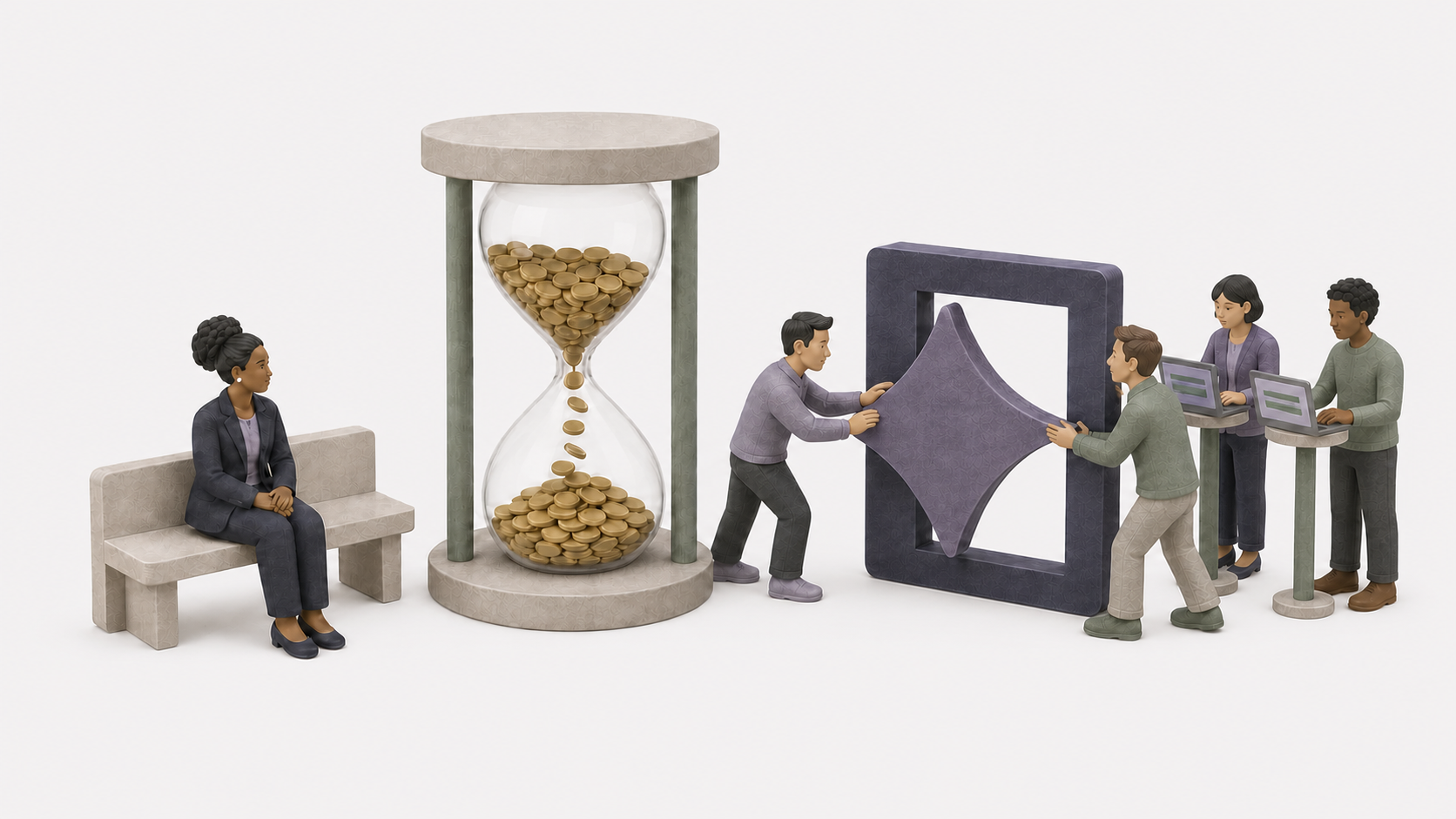 A business leader waits beside a coin-filled hourglass while engineers wrestle an AI shape into a product and programmers work at nearby computers.